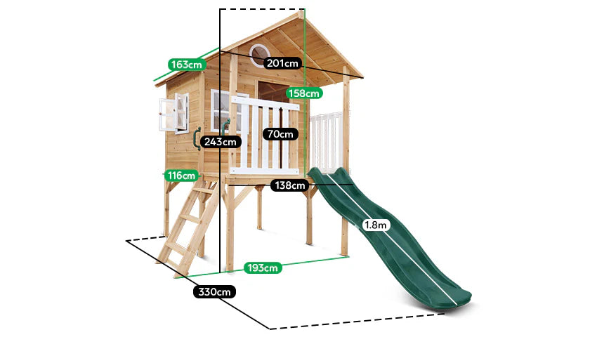 Archie Elevated Cubby House with Green Slide